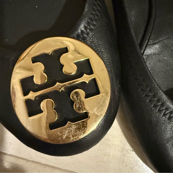Tory Burch Reva Women's Leather Ballerina Black Gold Logo Flats Shoes Size 6 - Picture 9 of 11